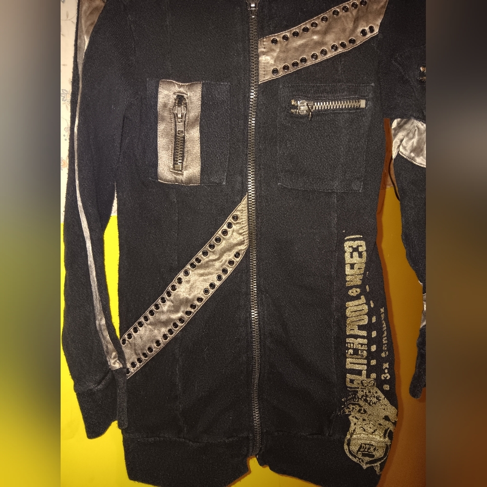SALVAGE Vintage Gorgeous Black and Silk Silver Hooded Zippered Jacket. S - Picture 3 of 5